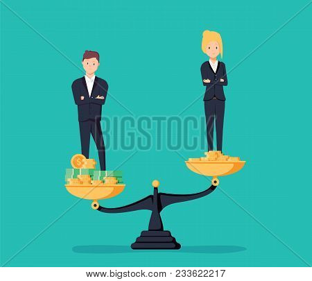 Gender Gap And Inequality In Salary, Pay Vector Concept. Businessman And Businesswoman On Piles Of C
