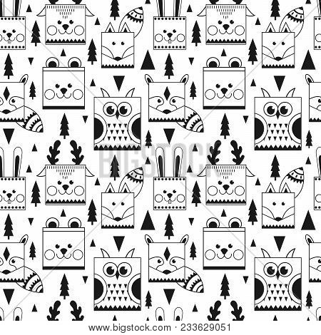 A Seamless Pattern Depicting Cute Forest Dwellers Stylized As Geometric Figures.