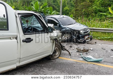 Nan, Thailand - Oct 25 : Undefined Car Crash Accident On The Street Of Mountain Over The Undefined T