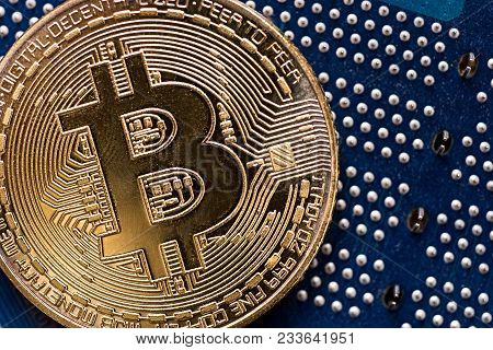 Bitcoin Blockchain  Btc Concept. Golden Bitcoin Coins As Symbol Of Electronic Virtual Money