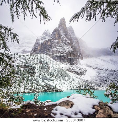 The Mountain Lake Lago Di Sorapiss In Dolomite Alps. Italy, With Amazing Turquoise Color Of Water.