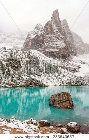 The Mountain Lake Lago Di Sorapiss In Dolomite Alps. Italy, With Amazing Turquoise Color Of Water.