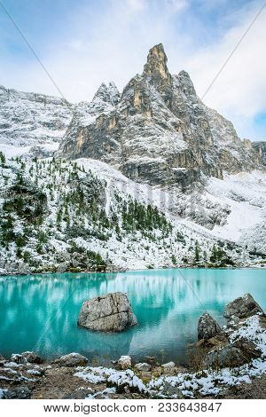 The Mountain Lake Lago Di Sorapiss In Dolomite Alps. Italy, With Amazing Turquoise Color Of Water.