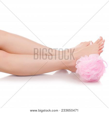Female Feet Legs Pink Bath Sponge Puff Beauty Spa On A White Background Isolation