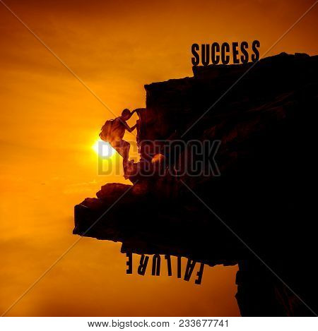 Success And Failure Concept. Silhouette Sporty Woman On The Cliff.
