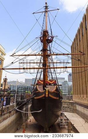 London, United Kingdom - June 22, 2017: Golden Hind, Replica Of A 16th Century Ship In The Seafront 