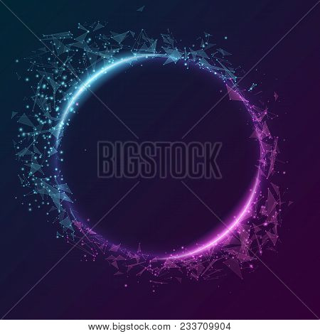 Geometric Plexus Banner Of Flying Geometric Particles On A Dark Background. Purple And Blue Glowing 