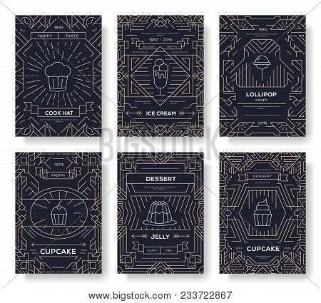 Happy Birtday Party Thin Line Brochure Cards Set. Candy Way Template Of Flyear, Magazines, Posters, 