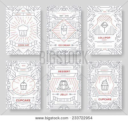 Happy Birtday Party Thin Line Brochure Cards Set. Candy Way Template Of Flyear, Magazines, Posters, 