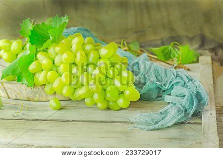 Fresh Green Grapes. Bunch Of Grapes And Vine Leaf