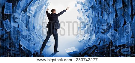 Office Worker Creates A Passage In A Paper Sea As Moses. Work Hard Businessman Finds A Solution To T