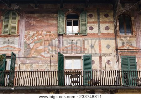 Front Of A Building In Piazza Delle Erbe In Verona, Italy