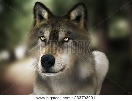 Brown Wild Wolf With Yellow Eyes With Blurred Depth Of Field Nature Background. Photo Realistic 3d R