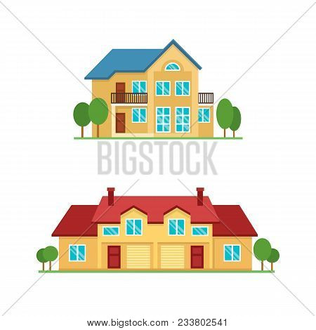 Colorful Cute Cottage Country House Exterior Set On White Background. Vector Illustration Of Townhou