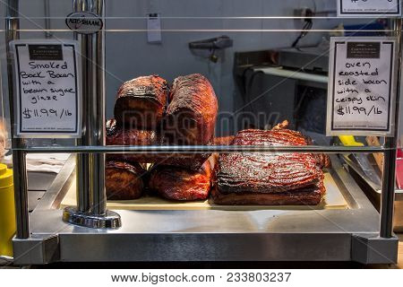 Toronto, Canada - December 21, 2016: Canadian Bacon, Also Known As Peameal, For Sale, Grilled And Co