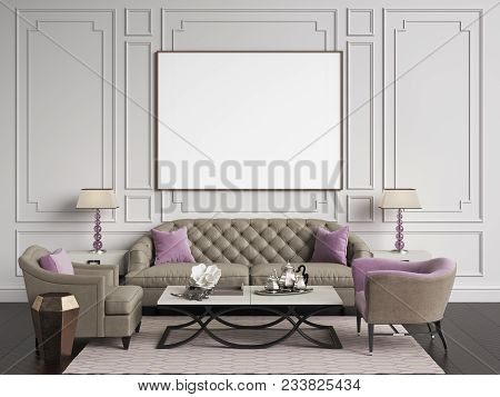 Classic Interior In Beige And Pink Colors.sofa,chairs,sidetables With Lamps,table With Decor.white C