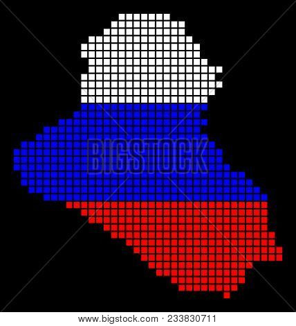 A Dotted Pixel Alaska Map. Raster Geographic Map In Russia Flag Colors On A  Black Background. Russian Blue, Red And White Colored Raster Abstract  Pattern Of Alaska Map Done Of Square Dots.