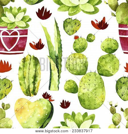 Watercolor Cactus Seamless Pattern. Pattern With Cactus, Succulents, Cactus In Pots.  Perfect For Yo