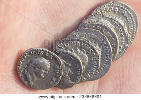 Roman Silver Coins Covered In Dirt, Ancient Denarius