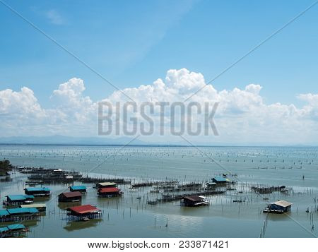 Home Stay Floating House In Lake At Kohyo, Songkhla, Thailand With Beautiful Blue Sky And Clouds. Th