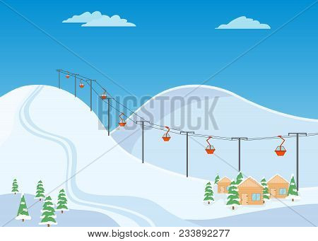 Mountain Ski Trail, Ski Resort With Snow And Wooden Houses. Vector Design, Vector Illustration.