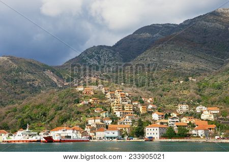 Winter Mediterranean Landscape With Village On A Mountainside.  Montenegro, Bay Of Kotor, Kamenari