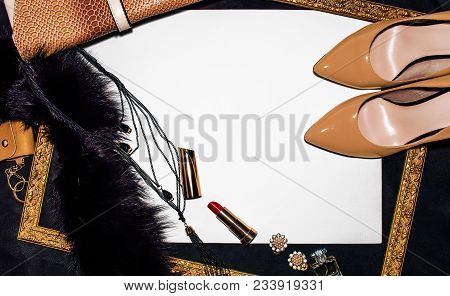 Background Image, Women Accessories, Bag, Shoes In Frame, White Background For Text