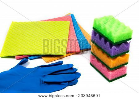 Rubber Gloves And Cellulose Sponges Ready For Household Cleaning Tasks