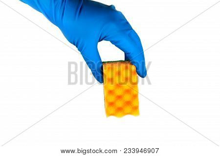 A Hand In The Rubber Blue Glove Holding An Orange Small Cleaning Sponge, White Isolated Background