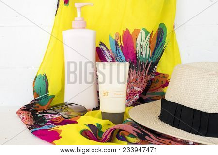 Natural Cosmetics For Skin Face And Body Lotion Sunscreen Spf50 With Accessories For Lifestyle Woman