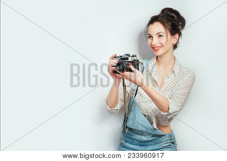 Fashion Look, Pretty Cool Young Woman Model With Retro Film Camera Wearing In Denim Clothes Posing W