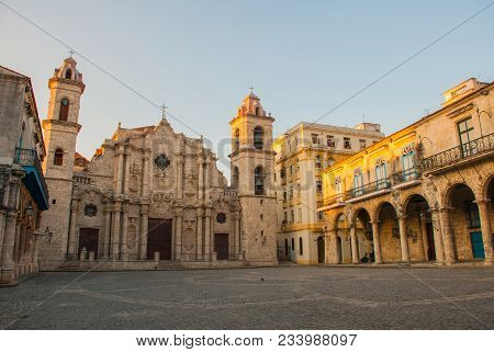 Cathedral Of St. Christopher In Old Havana On The Square Of Cienaga In The Evening. Havana. Cuba