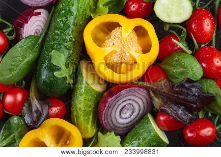 Various Fresh Summer Wegetables On Black Background.