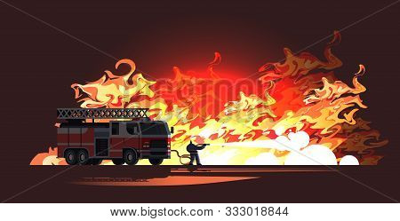 Brave Fireman Near Fire Truck Extinguishing Flame Firefighter Wearing Uniform And Helmet Spraying Wa