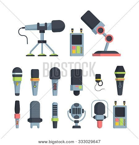 Music And Television Microphones Flat Vector Illustrations Set