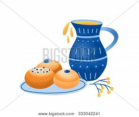 Sufganiyah Vector Illustration. Jewish Jelly Donuts And Jug Of Olive Oil. Hanukkah Traditional Treat