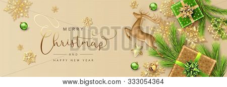 Christmas And New Year Banner. Christmas Background With Realistic Golden Deer Statuette, Festive De