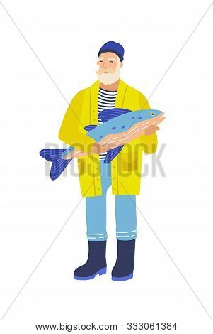 Elderly Fisher Flat Vector Illustration. Gray Bearded Man With Big Fish. Old Fisherman Cartoon Chara