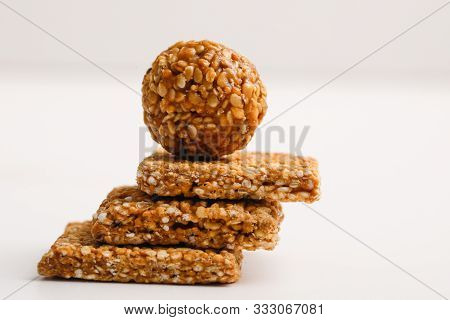 Indian Sweet Dish,sesame Seeds Ball Or Called In Hindi, Til Ke Laddu On White Background