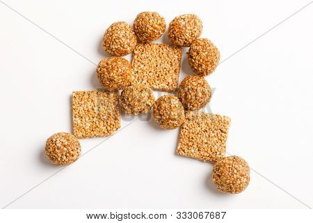Indian Sweet Dish,sesame Seeds Ball Or Called In Hindi, Til Ke Laddu On White Background