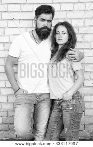 Lets Just Love Together. Couple Being In Love Relations Hugging On Brick Wall. Bearded Man And Sensu