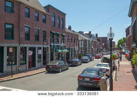 Gloucester, Ma, Usa - Jun. 3, 2018: Historic Commercial Buildings On Main Street In Downtown Glouces