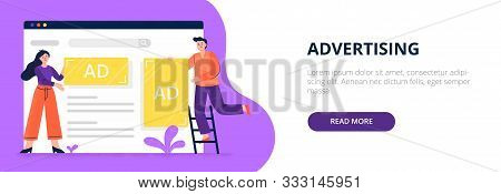 Web Advertising Concept. Web Developers Set Display Advertisements And Banners To A Site. Flat Vecto