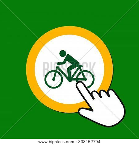 Cyclist Icon. Bicycle Riding Concept. Hand Mouse Cursor Clicks The Button. Pointer Push Press