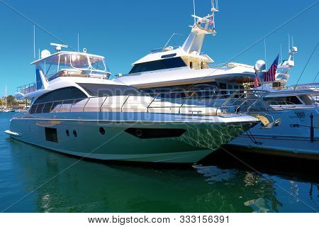 August 25, 2019 In Newport Harbor, Ca:  Luxury Yachts Docked At The Newport Harbor, Ca Where People 