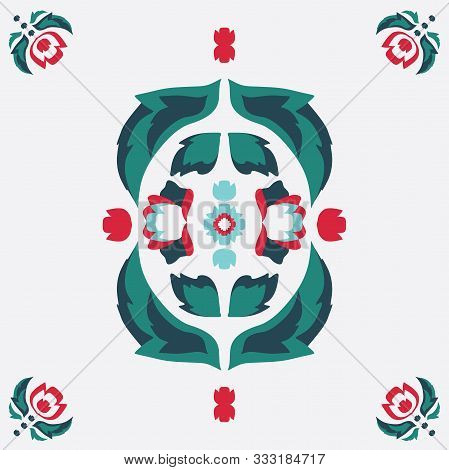 Vector Folklore Rose And Leaves Symmetrical Composition On White Seamless Pattern Background.
