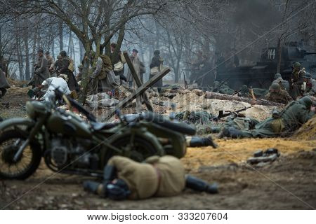 VORONEZH, RUSSIA - NOV 10, 2019: Participants of military-historical reconstruction, dedicated to combat action in 1941 during WWII. More than 200 reenactors are involved in reconstruction of battle.