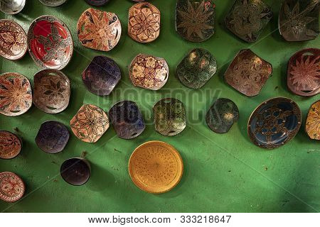 Fez, Morocco. November 9, 2019.  Stalls Of Artisan Pottery Vendors In The Medina