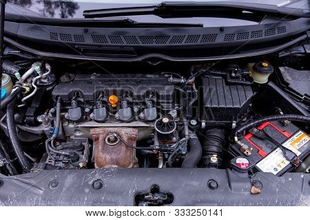 Novosibirsk, Russia - October 10, 2019:  Honda Civic, Closeup Of A Clean Motor Block, . Internal Com