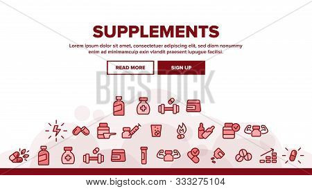 Supplements Landing Web Page Header Banner Template Vector. Sportsman Plastic Container With Protein
